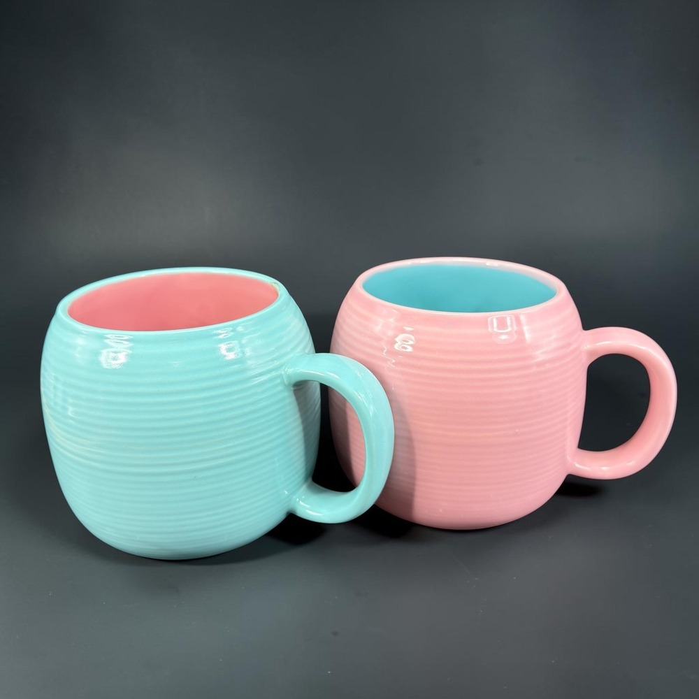 Pottery Barn Japan Vintage Ribbed Beehive Mugs Pink Turquoise Pastel Set of 2